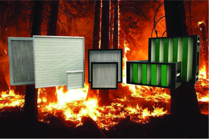 NAF HEPA filters for wildfires with wildfire burning trees in background